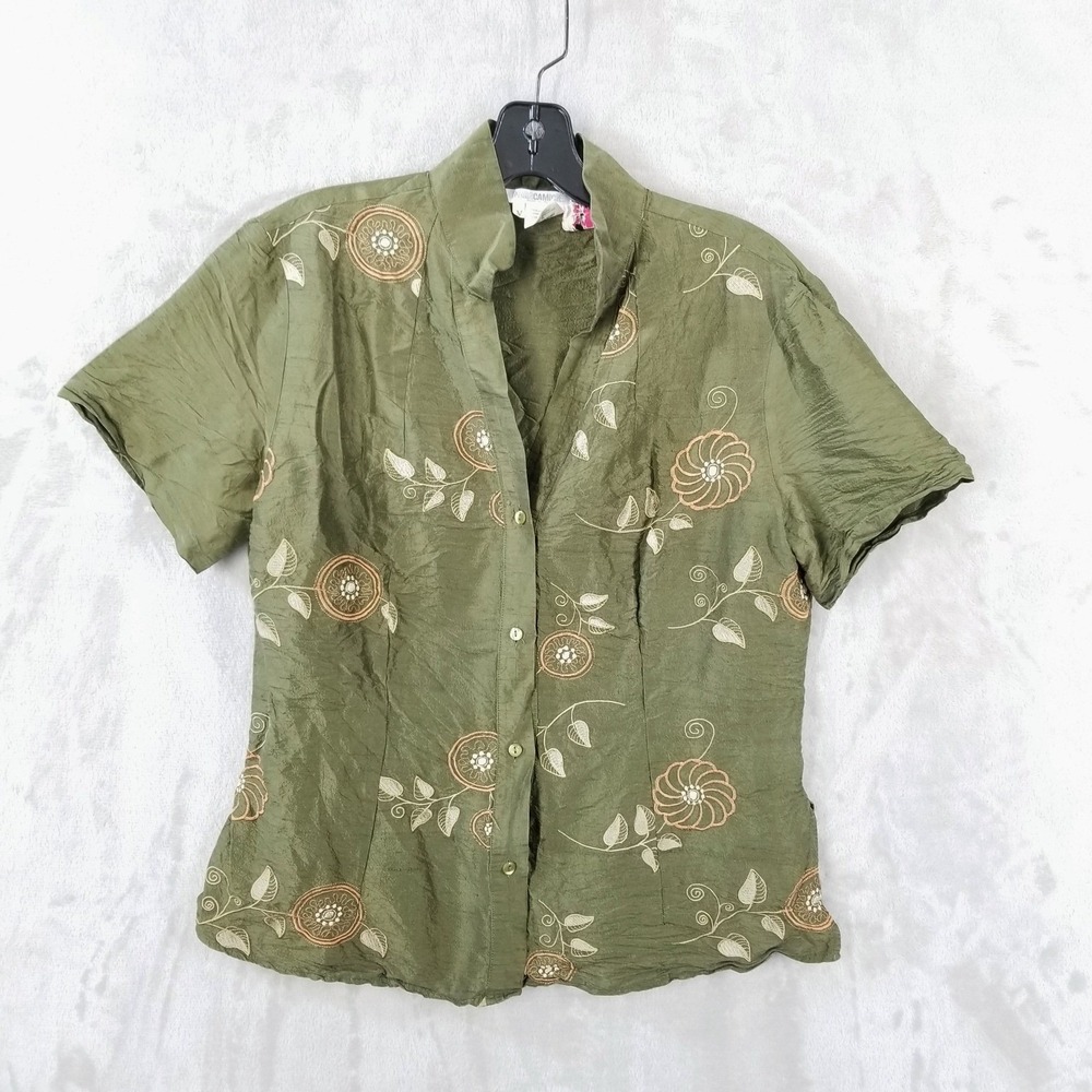 Nara Camicie Blouse M Embroidered Silk Blend Button Front Top Green Italy